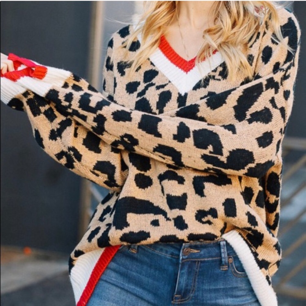 Boutique oversized red and leopard sweater